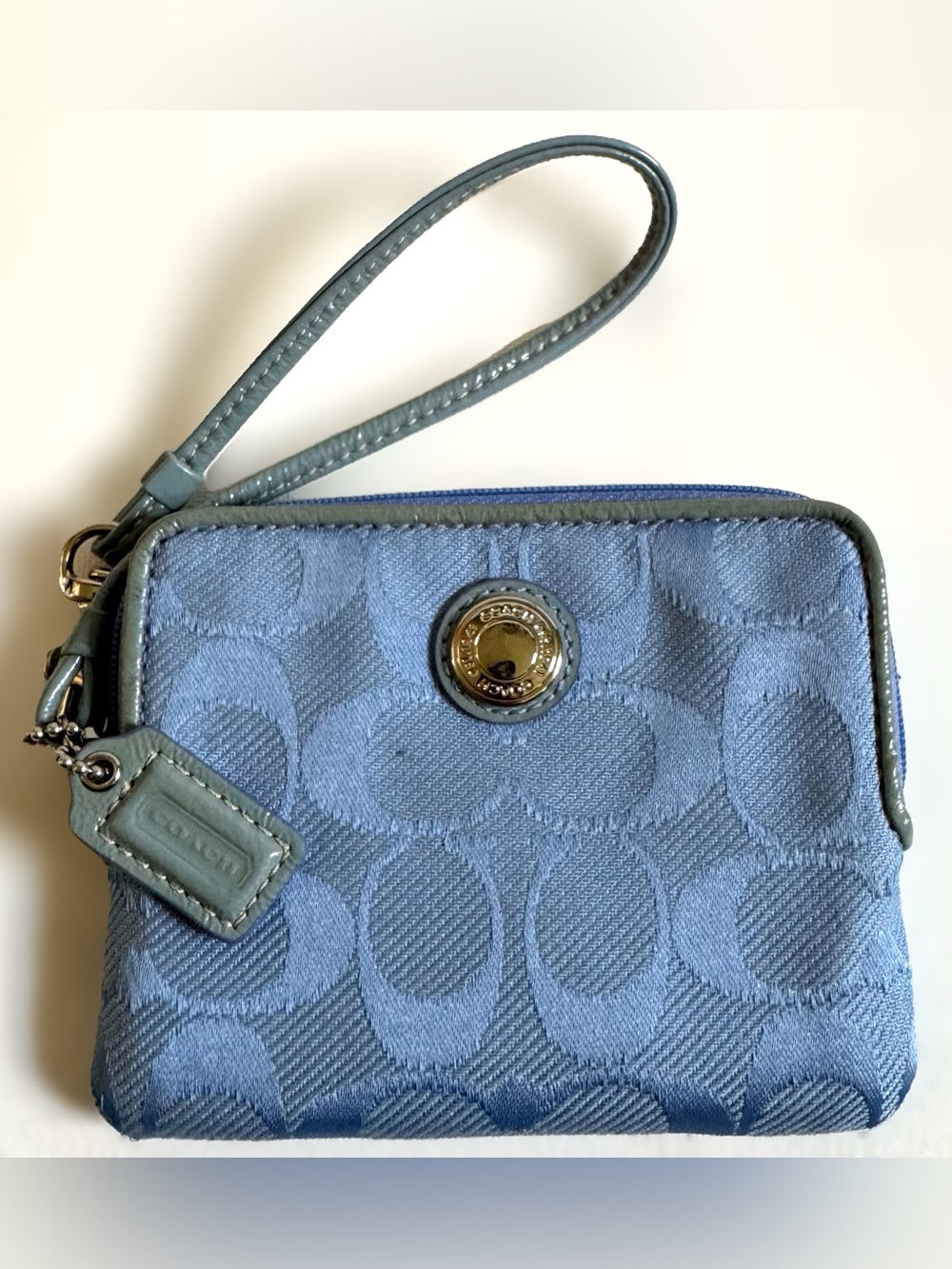 Vintage Coach Signature Jacquard Periwinkle Blue Patent Wristlet Wallet Y2K